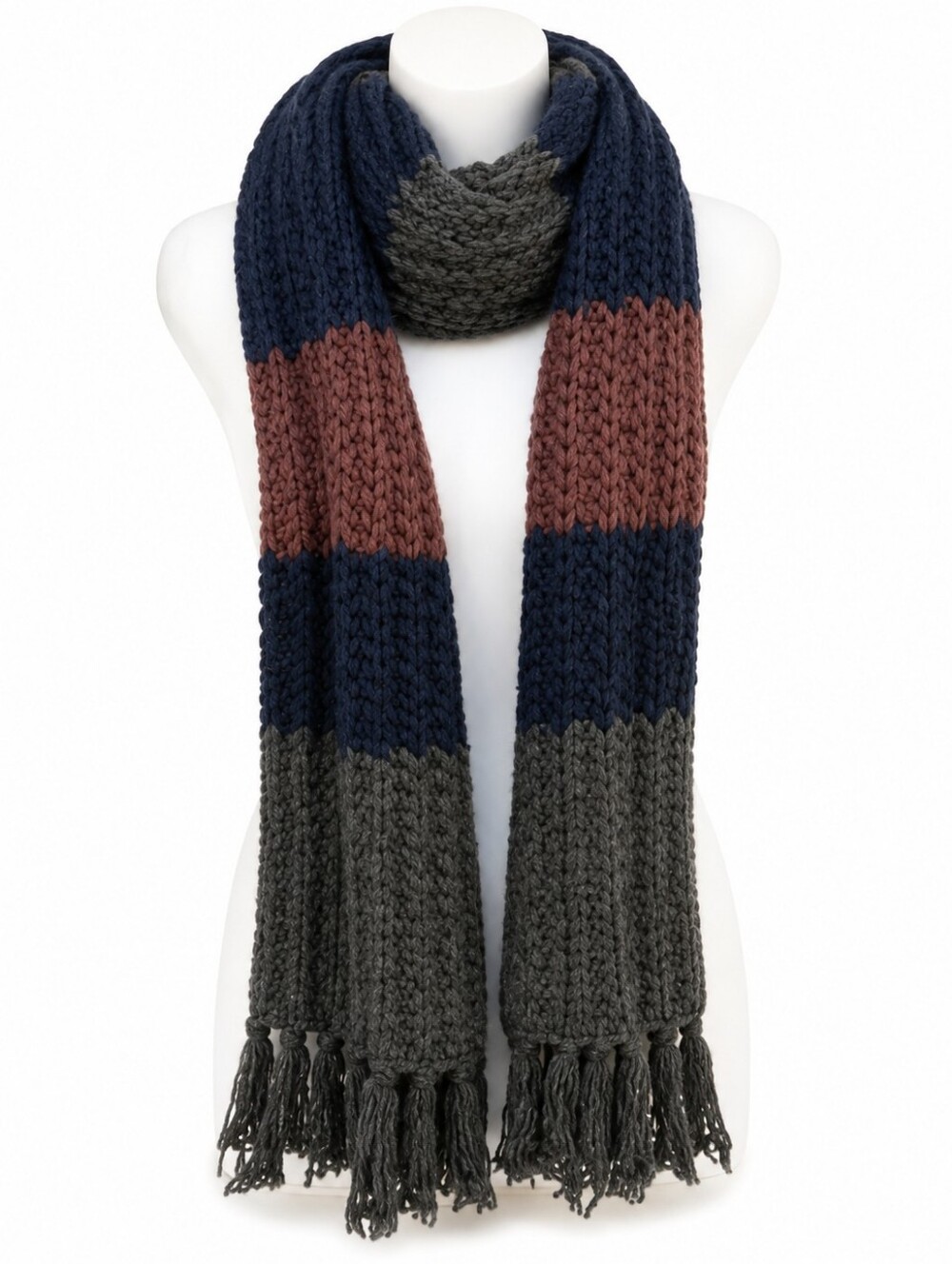 Gap Chunky Knit Colorblock Scarf Navy Brown Gray Fringe